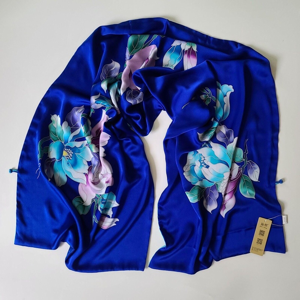 Jian Xiang‎ Vintage Reversible Silk Wrap Scarf Floral Hand Painted Rolled Edges